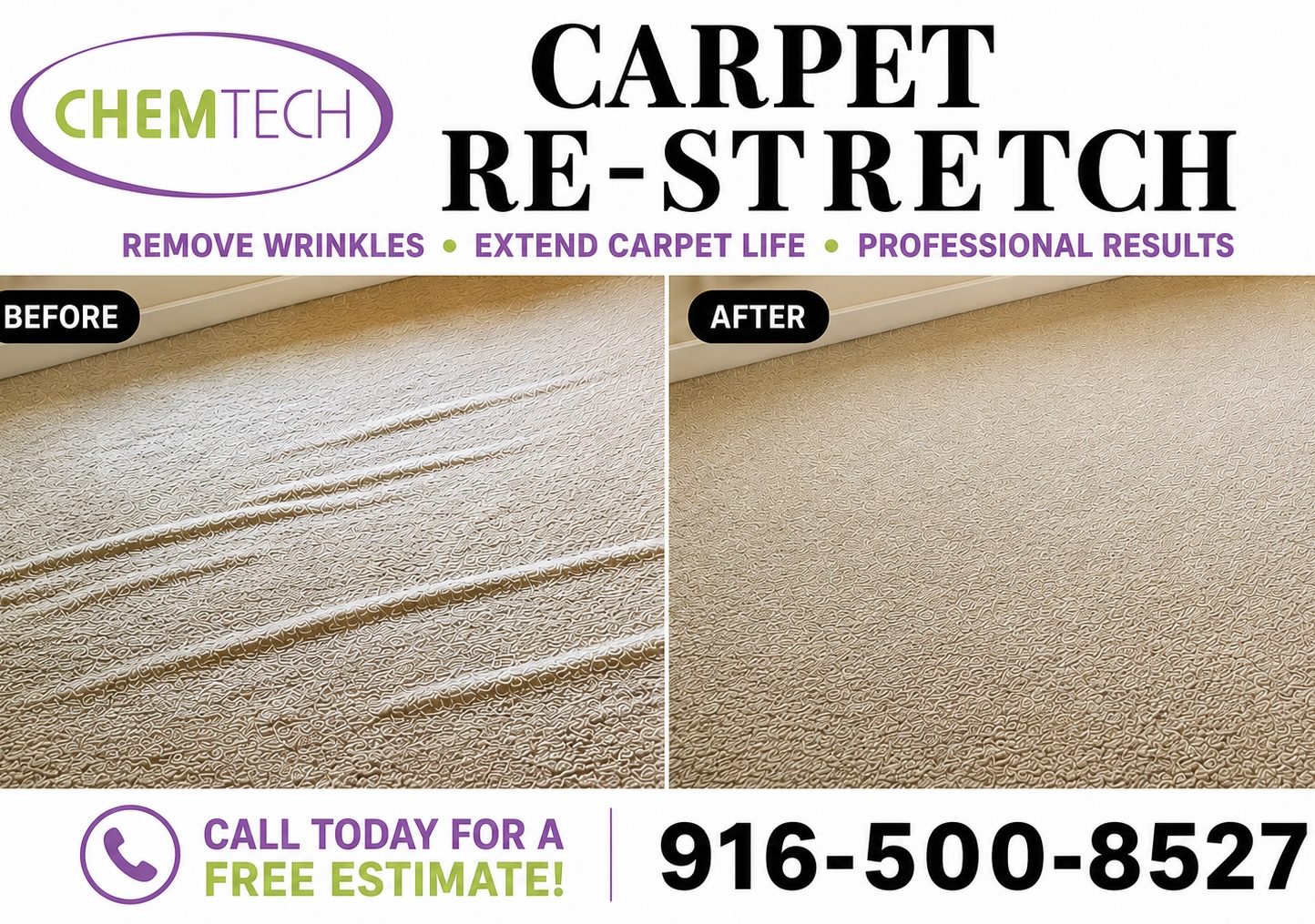 Before and after carpet re-stretch removing deep wrinkles and ripples